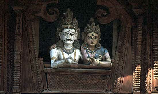 Wood carving at Durbar Square (Shiva and consort)