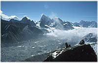 View of the glacier and surrounding peaks from the ascent on Gokyo Ri