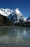 Rathong peak reflected in the frozen pond