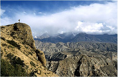 A lone trekker surveys the barren landscape of the mountains in Mustang